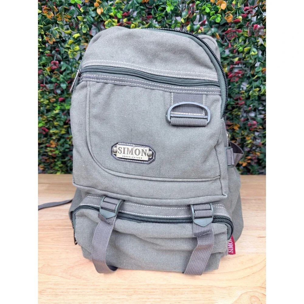 Simon Vogue Leather Canvas Backpack Olive Green Tactical Utility Rucksack Bag